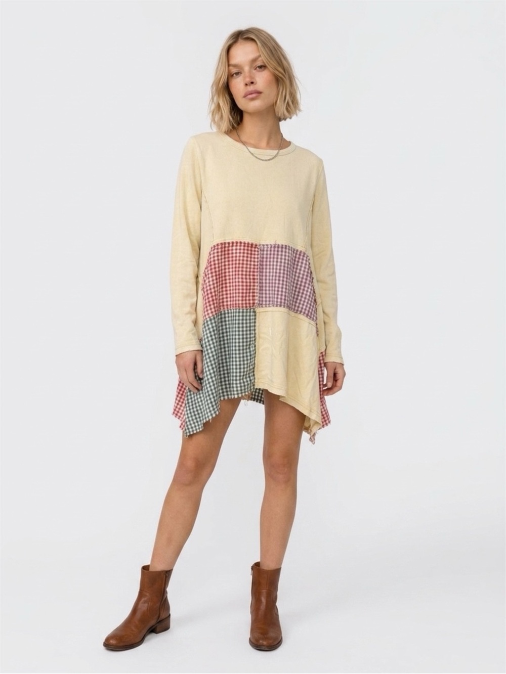 Boho Patchwork Gingham Long-Sleeve Tunic Top - Cream